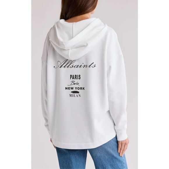 AllSaints Vita Etrie Screen Print Hoodie In White - Picture 2 of 11